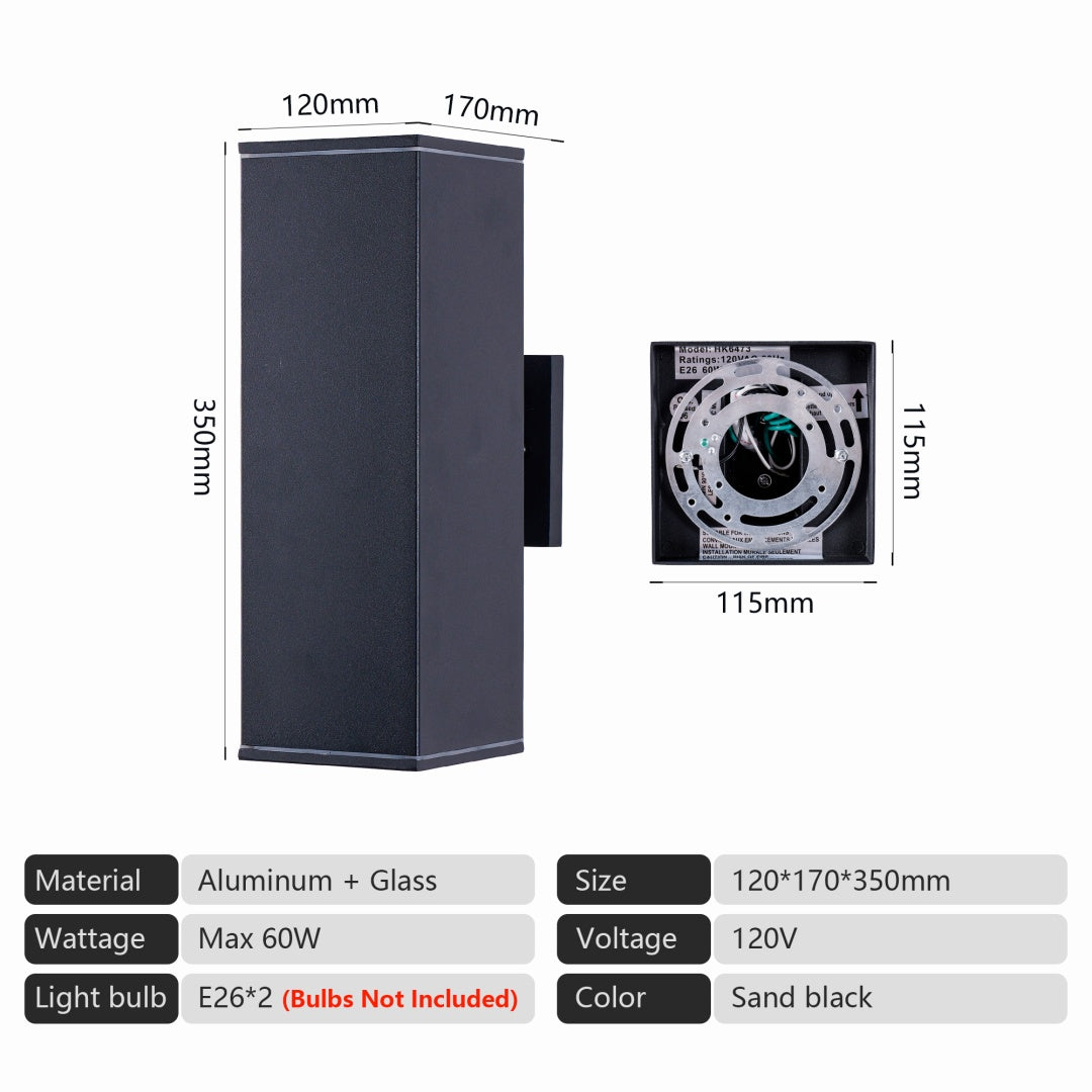 14in Modern Outdoor Porch Light Patio Light In 2 Lights With Aluminum Rectangular Tube And Tempered Glass Cover Waterproof Wall Sconce 2 Pack  Matte Black No Bulb
