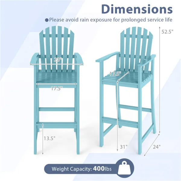 31" Seat Height Outdoor Bar Stool, Slatted Design Ergonomic Tall Chair For 40"-43" Bar Table-Turquoise