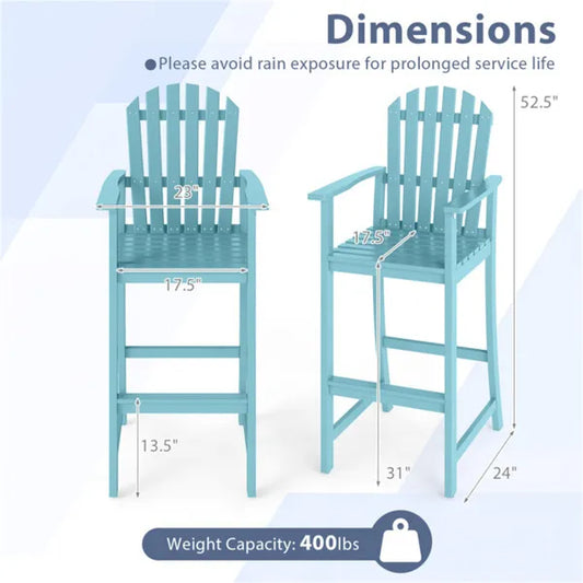 31" Seat Height Outdoor Bar Stool, Slatted Design Ergonomic Tall Chair For 40"-43" Bar Table-Turquoise