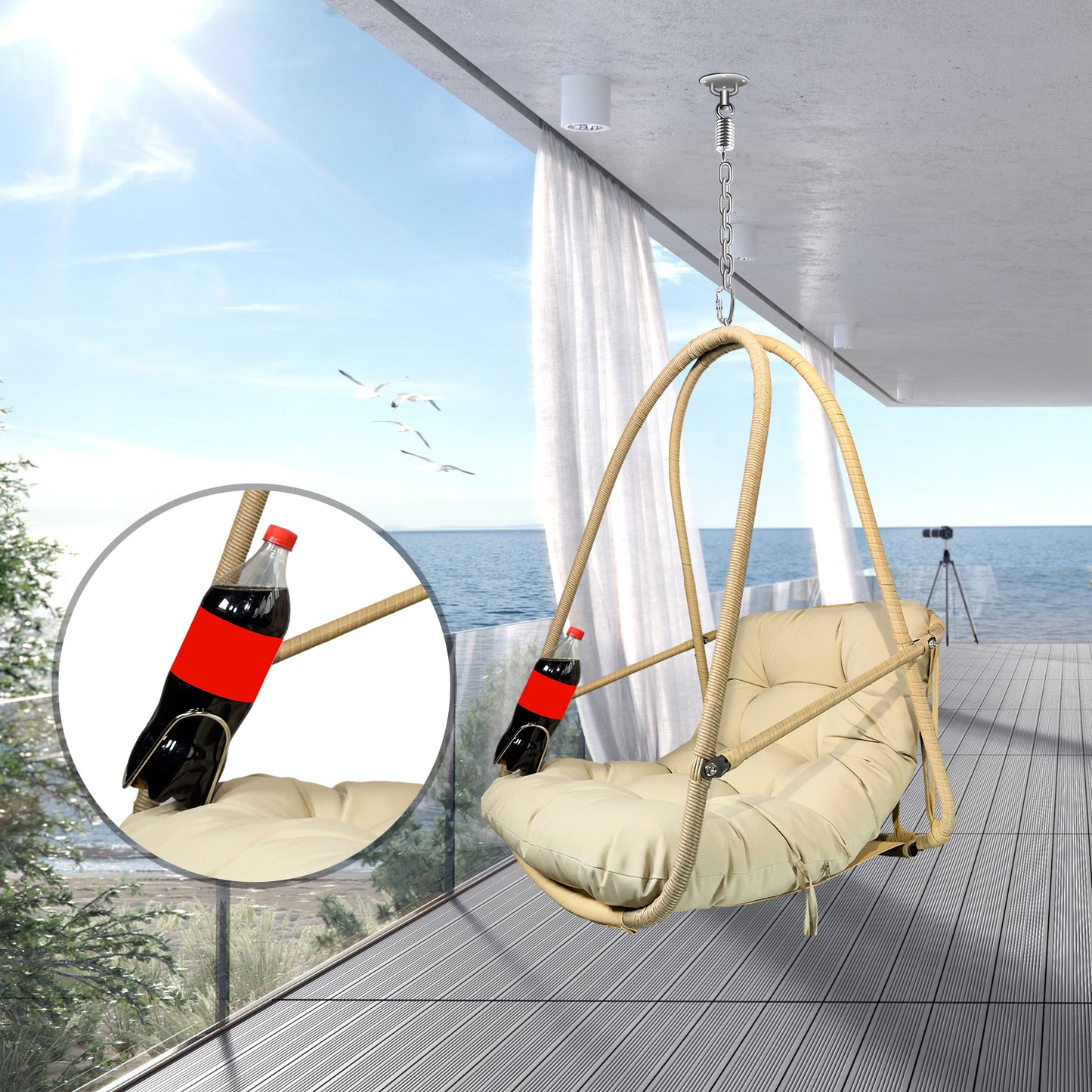 Swing Egg Chair Without Stand Indoor Outdoor Wicker Rattan Patio Basket Hanging Chair With C Type Bracket , With Cushion And Pillow,Patio Wicker Folding Hanging Chair  Special Construction Cup Holder