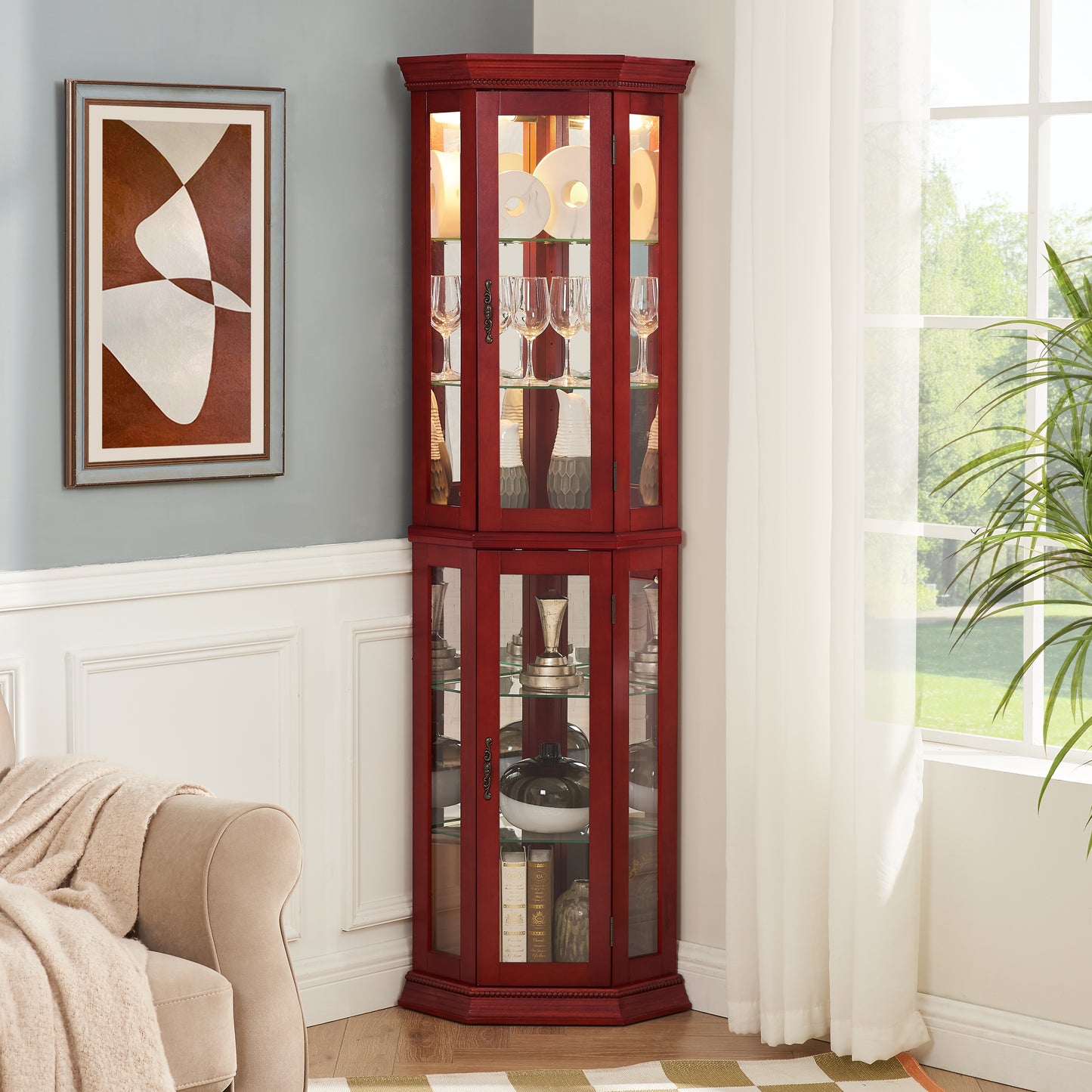Corner Curio Cabinet Lighted Corner Display, Glass Display Shelf Shelving Bar Cabinet With Tempered Glass Door, Bar Cabinet,Cabinet With Adjustable Shelf Glass Cabinet Shelves Bead Bulb Included