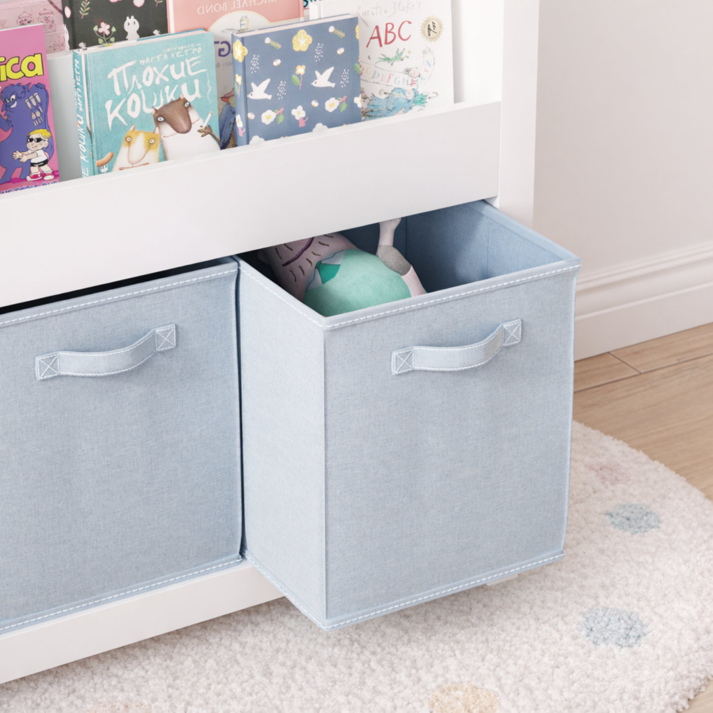 Kids Bookshelf With 3 Tier Front-Facing Storage And 3 Fabric Bins, Wooden Toddler Bookcase For Playroom, Nursery, Bedroom  Kids Book Organizer Shelf For Toys And Books