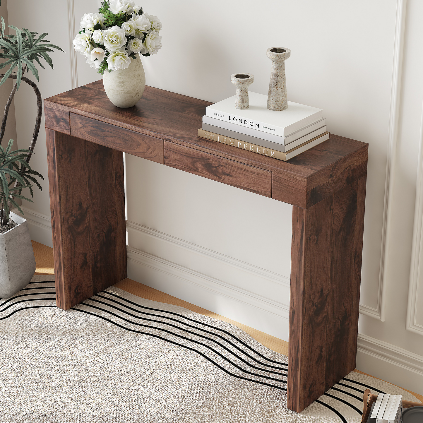 Elegant Natural Walnut Wood Grain Bar Table -50 Inches Long, A Practical Choice For Modern Home Decor. Walnut Wood Grain Texture Veneer, Equipped With Double Drawers, Can Be Used As Both A Bar Counter