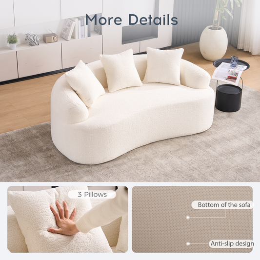 LY-025S Curved Loveseat White Full Compression Sponge Sofa  30D Chenille No-Assembly Compact Sofa For Small Spaces & Apartments  65L  300 Lbs  3 Pillows