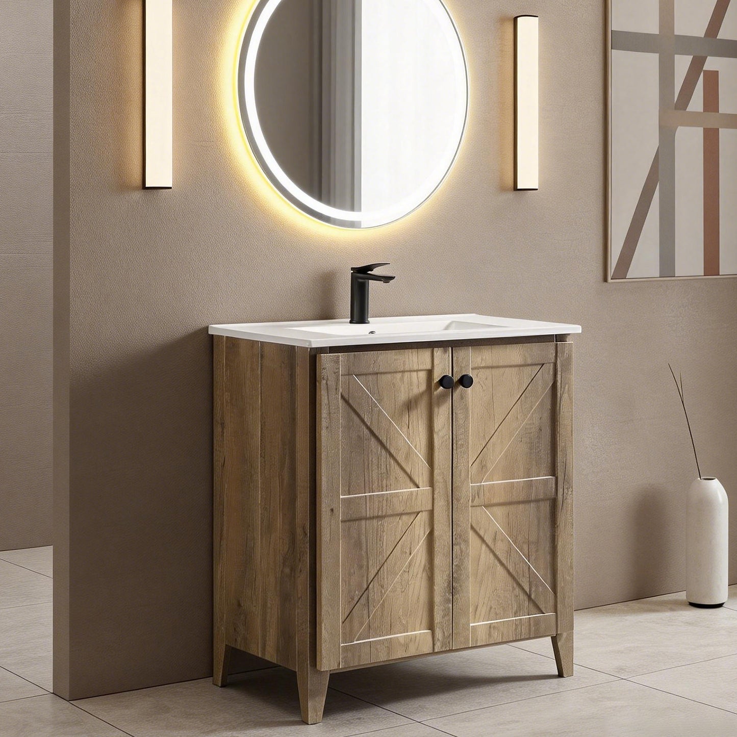 30inch Antique Grey Folding Floor Cabinet With Ceramic Sink  Patented 1-Minute Install  Space-Saving & Easy Assemble American Style