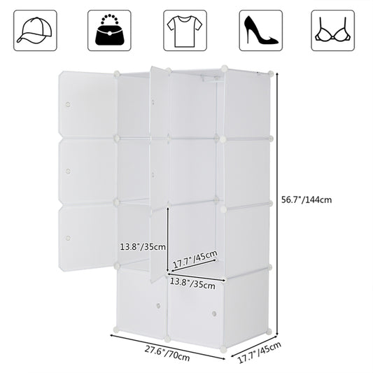 Deepened 4-layer 8-compartment Cube-shaped Wardrobe With 1 Hanging Rod, Plastic And Steel Wire, 72x47x142cm, Natural White Door, Natural White Cabinet Body, N001, Freely Assembled, DIY Style.