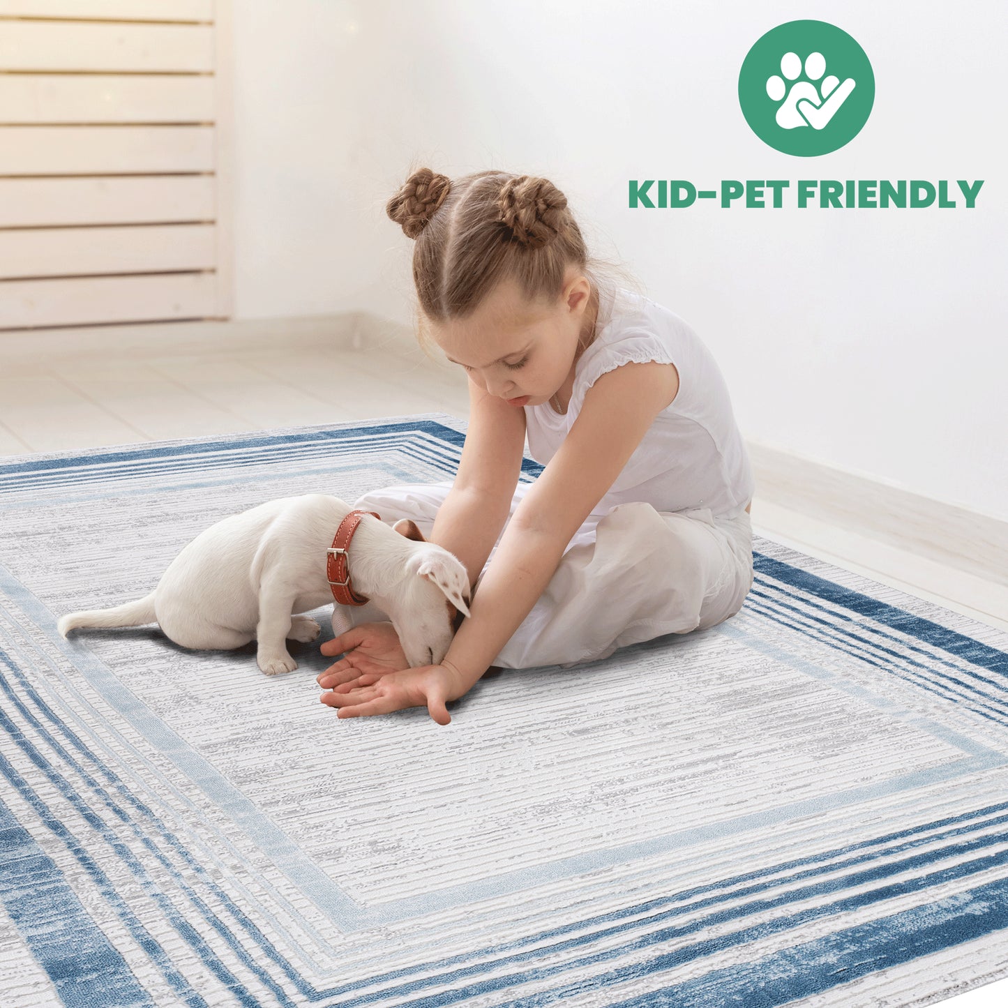 MARFI  8X10 Blue  Ivory  Bordered Area Rug