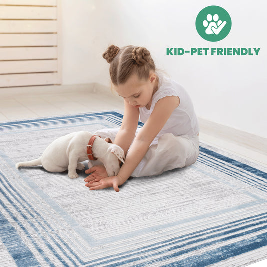 MARFI  8X10 Blue  Ivory  Bordered Area Rug