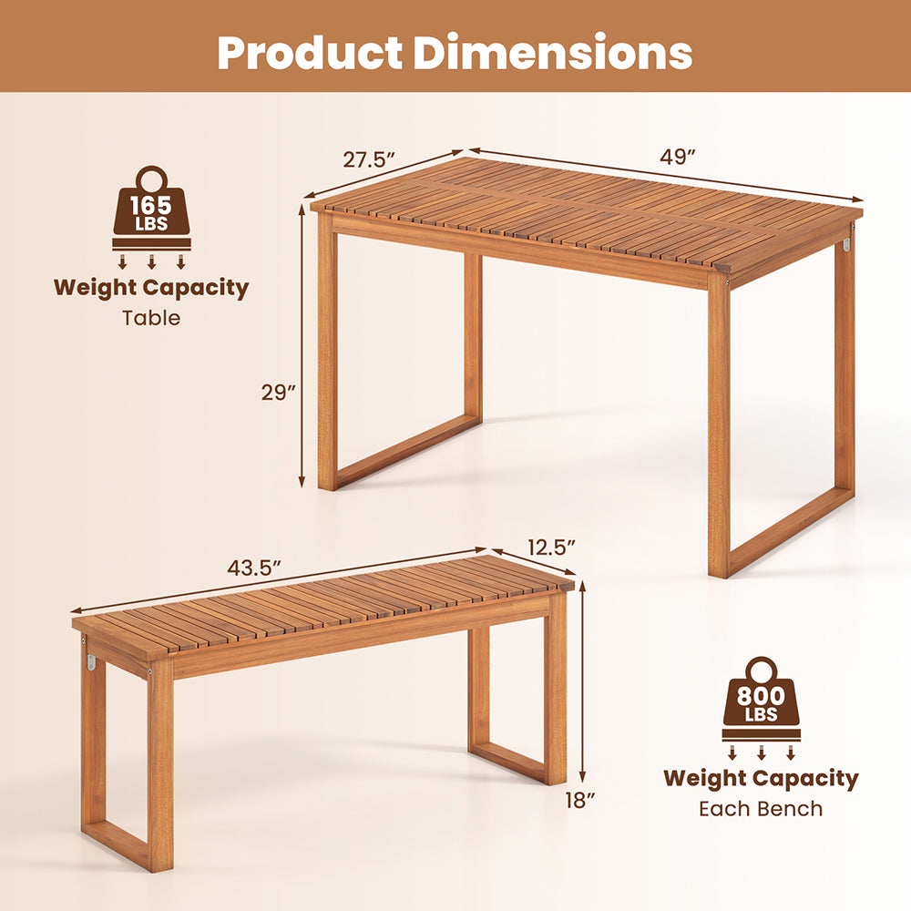 3 Pieces Acacia Wood Picnic Set With Outdoor Dining Table And 2 Benches For 4 People For Patio, Garden, Yard, Or Poolside Use