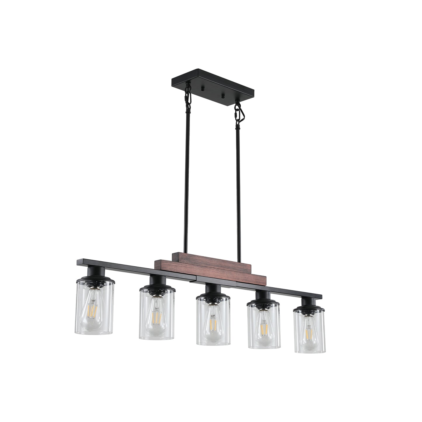 37  Farmhouse Industrial 5-Light Kitchen Island Pendant Light, Metal Wood Chandelier With Clear Glass Shades, Adjustable Height Hanging Fixture For Dining Room, Living Room, Kitchen  No Bulbs