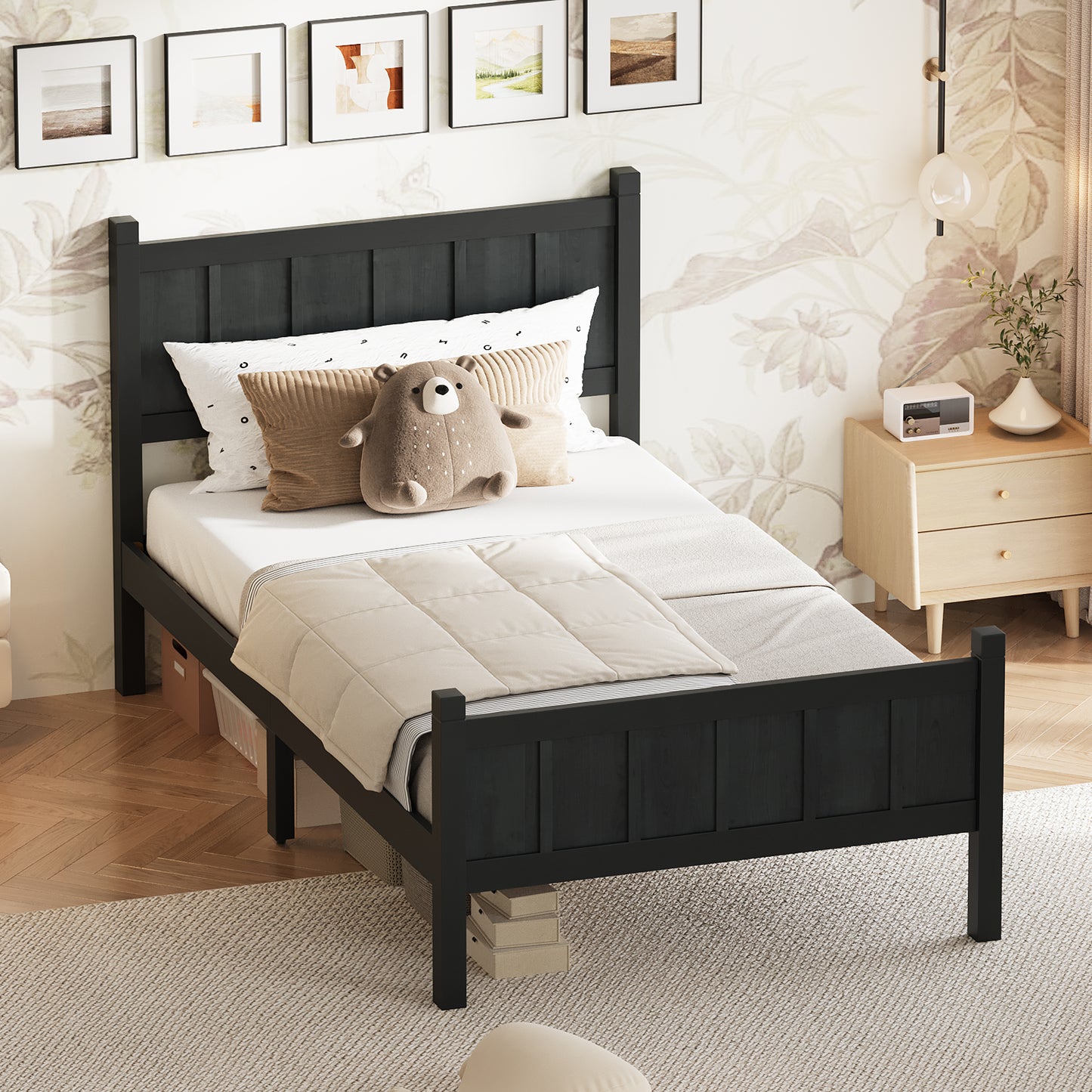 Twin Size Flat Panel Bed With Headboard & Footboard, Minimalist Modern Platform Bed With Wood Grain Finish, Shaker And Farmhouse Style Design, Sleek And Functional Bedroom Furniture,Black