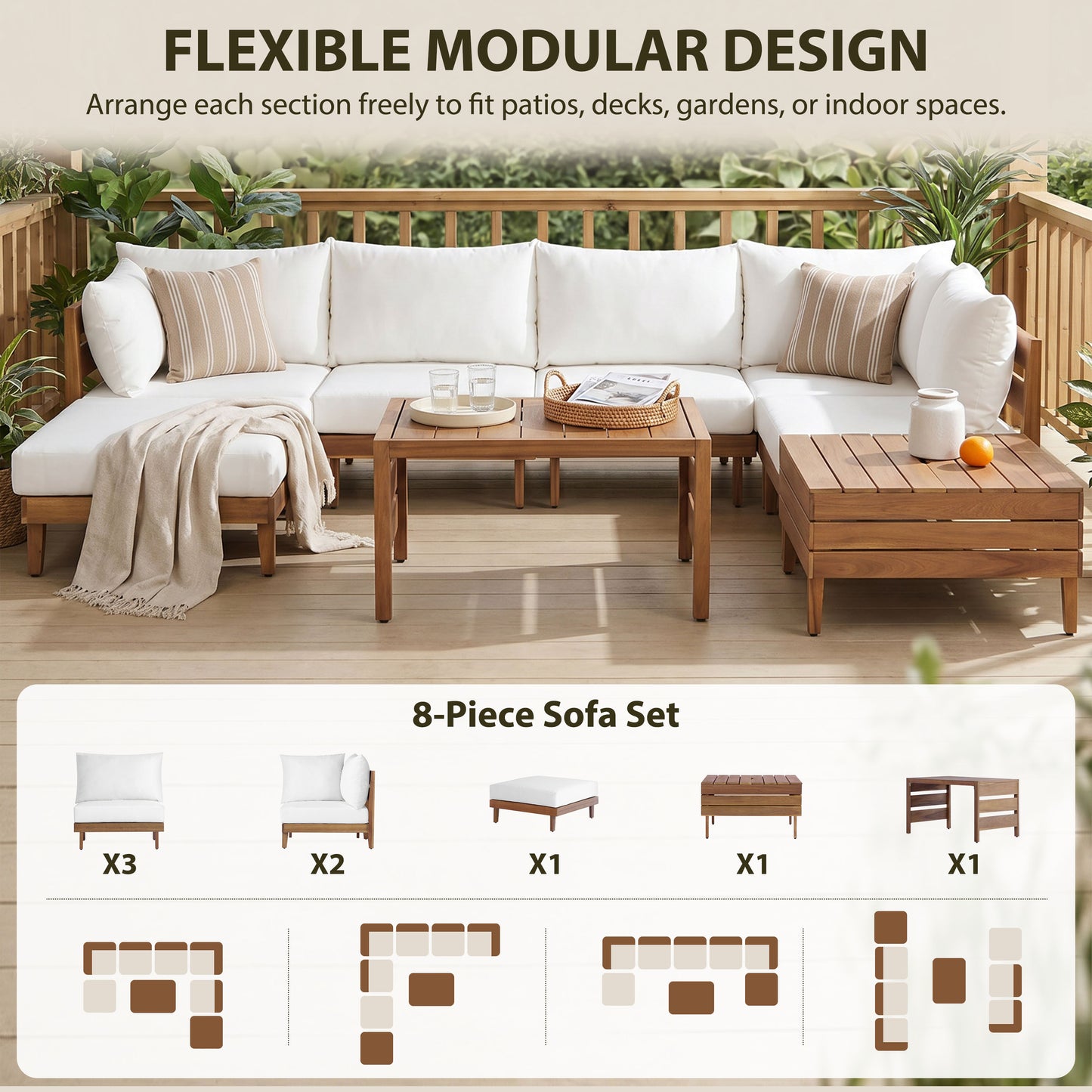 TOPMAX 8-Piece Acacia Wood Outdoor Patio Sofa Set, Modular Sectional Furniture Set With Storage Tea Table, Coffee Table And Cushions For Backyard, Poolside, Indoor&Outdoor, Beige