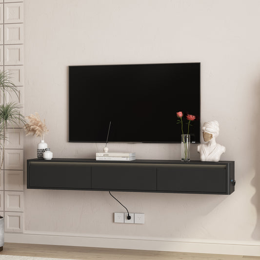 Floating TV Stand, Wall Mounted TV Shelf With Led Lights & Power Outlet,High Gloss TV Cabinet For Black Tv Stands For Living Room