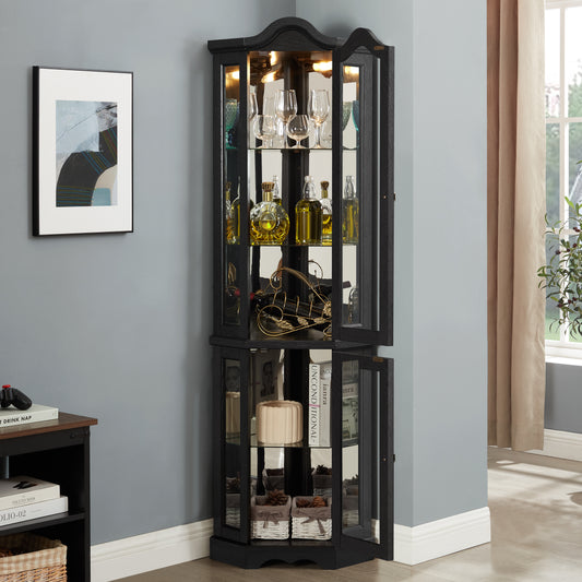 Lighted Corner Curio Cabinet With Tempered Glass Doors & Shelves - Elegant Oak Display Storage For Living Room & Bedroom Decor-BLACK