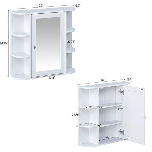 Bathroom Wall Storage Cabinet With Mirror, Medicine Cabinet With Adjustable Wood Shelf & Doors, Mounted Storage Cabinets With 6 Open Shelves, White