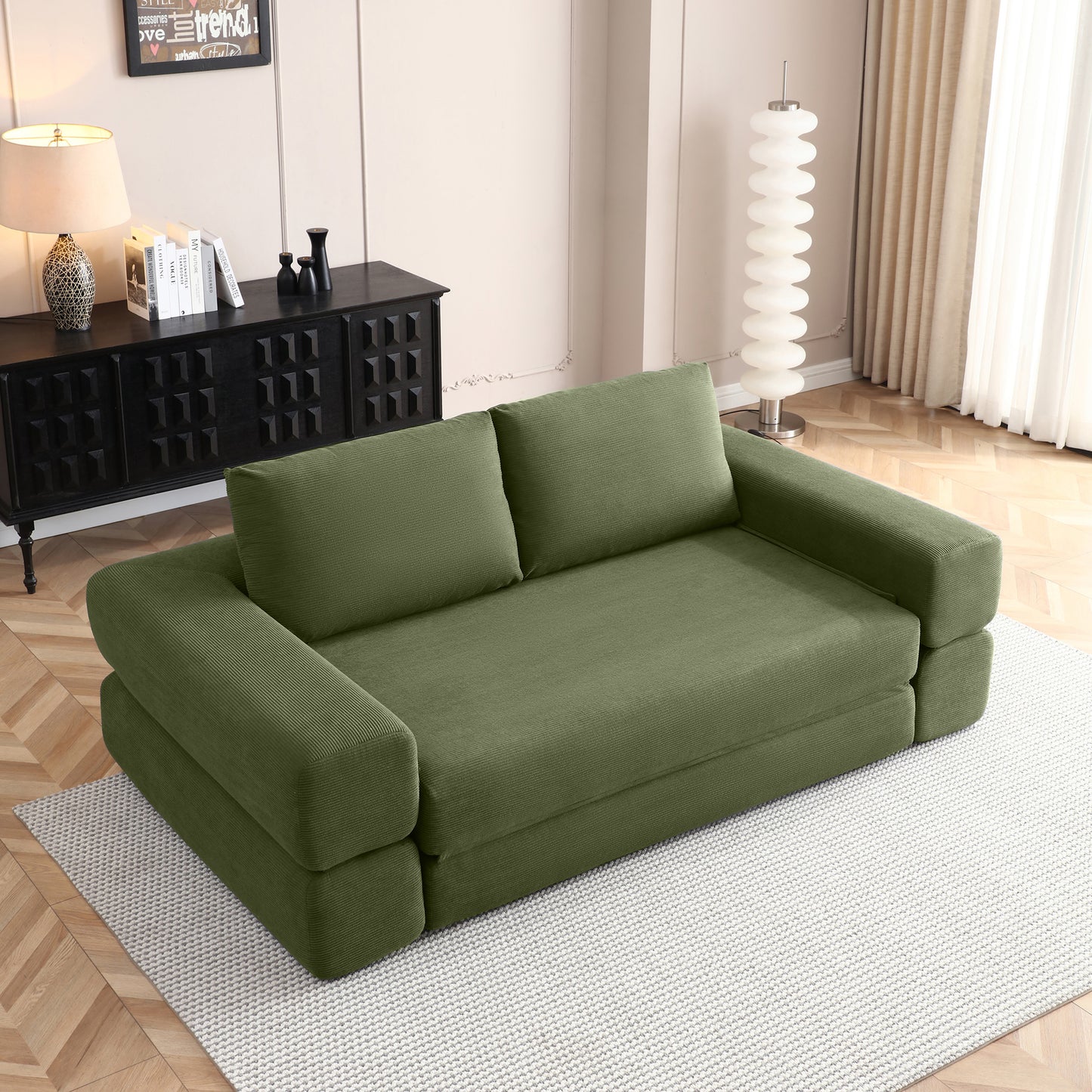 81 Convertible Sofa Bed,3 In 1 Folding Floor Couch Corduroy Fold Out Couch Bed Futon Sleeper Mattress With Pillows,Boneless Sofa Comfy Lounge Loveseat For Living Room, Bedroom, Green