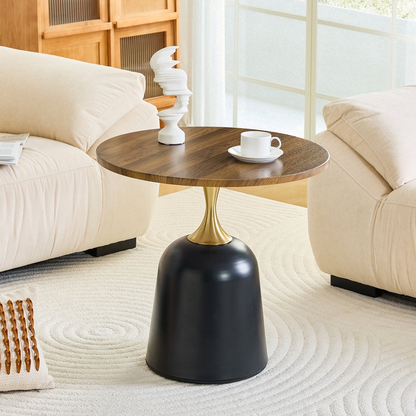 23.6 Inch Circular Side Table Coffee Table, Metal Base Living Room Table, Simple And Modern Walnut Wood Grain Decoration, Negotiation Table, Unique Circular Sofa Headboard Office Desk.