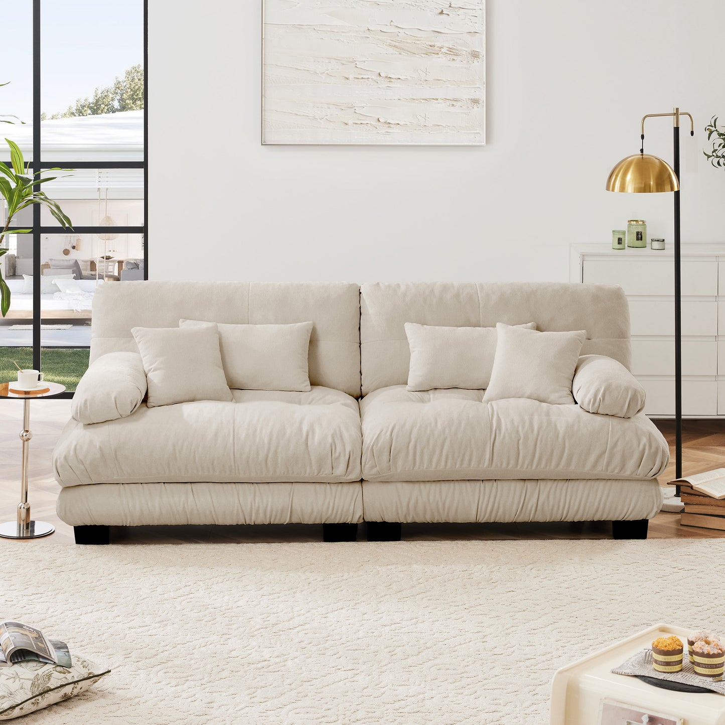 Cloud Couch 2 Seater Sofa For Living Room, Chenille 2 - Seat Sofa With 2 Lumbar Pillows And 2 Throw Pillows,Chenille Light Coffee