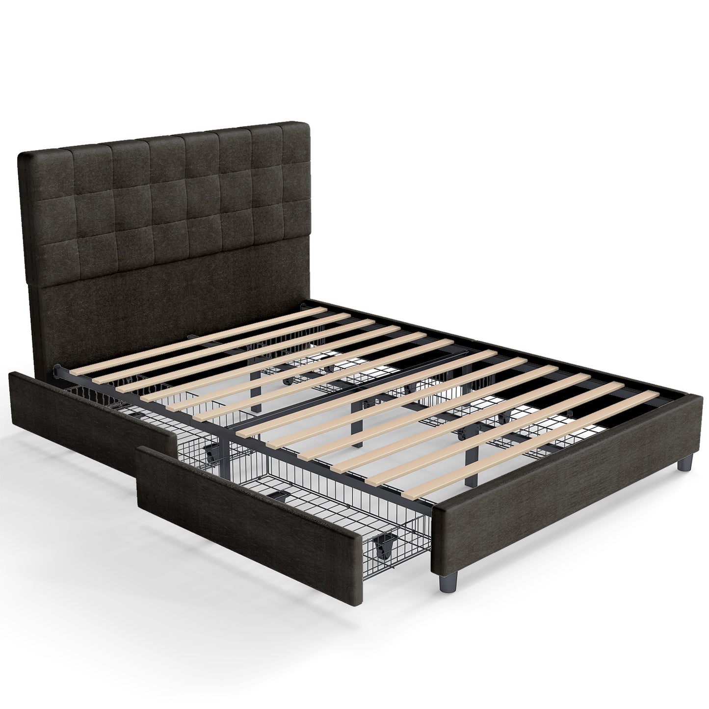 Queen Bed Frame Upholstered Vertical Channel Headboard Bed Frame With 4 Storage Drawers Wood Slats No Box Spring Needed Easy Assembly For Bedroom