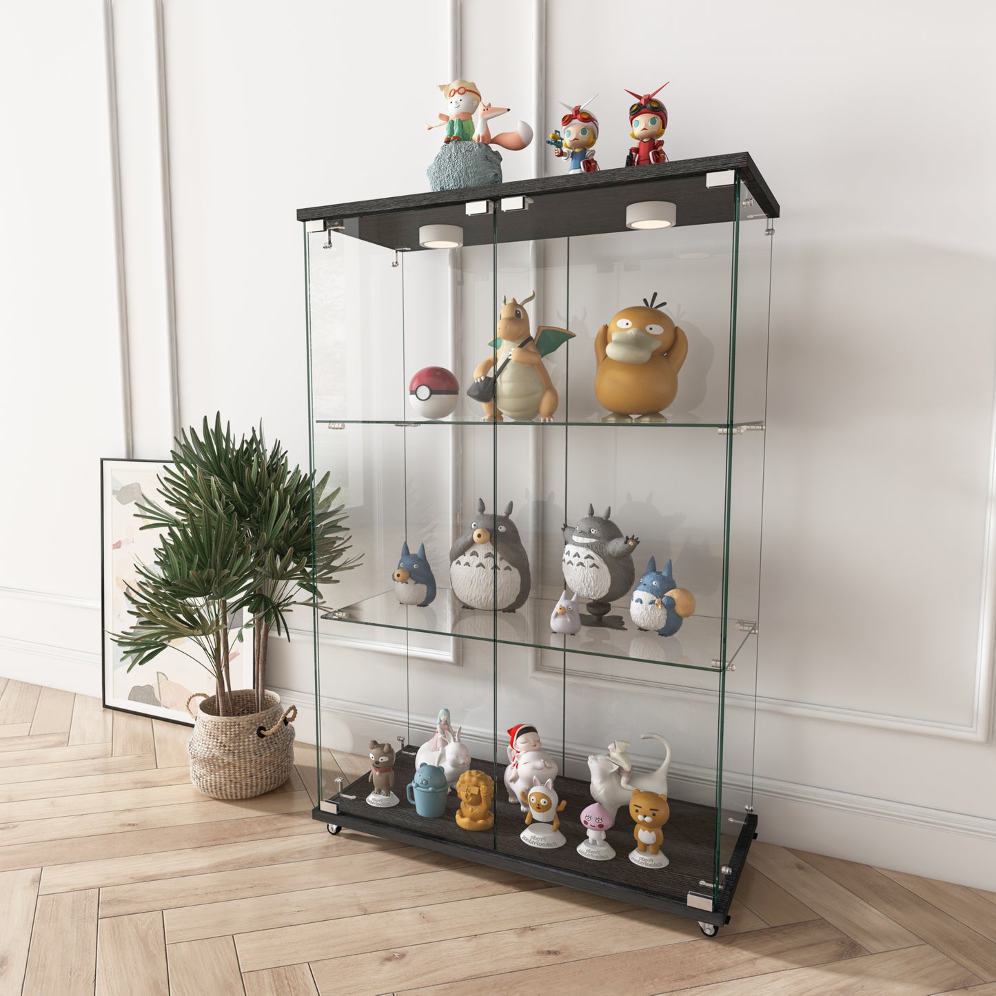 Modern Glass Display Cabinet With LED Lights, Quick-assembly Antique Cabinet, Tempered Glass Bookshelf, Suitable For Living Room And Bedrooms, 2-door 3-shelf, Transparent Black