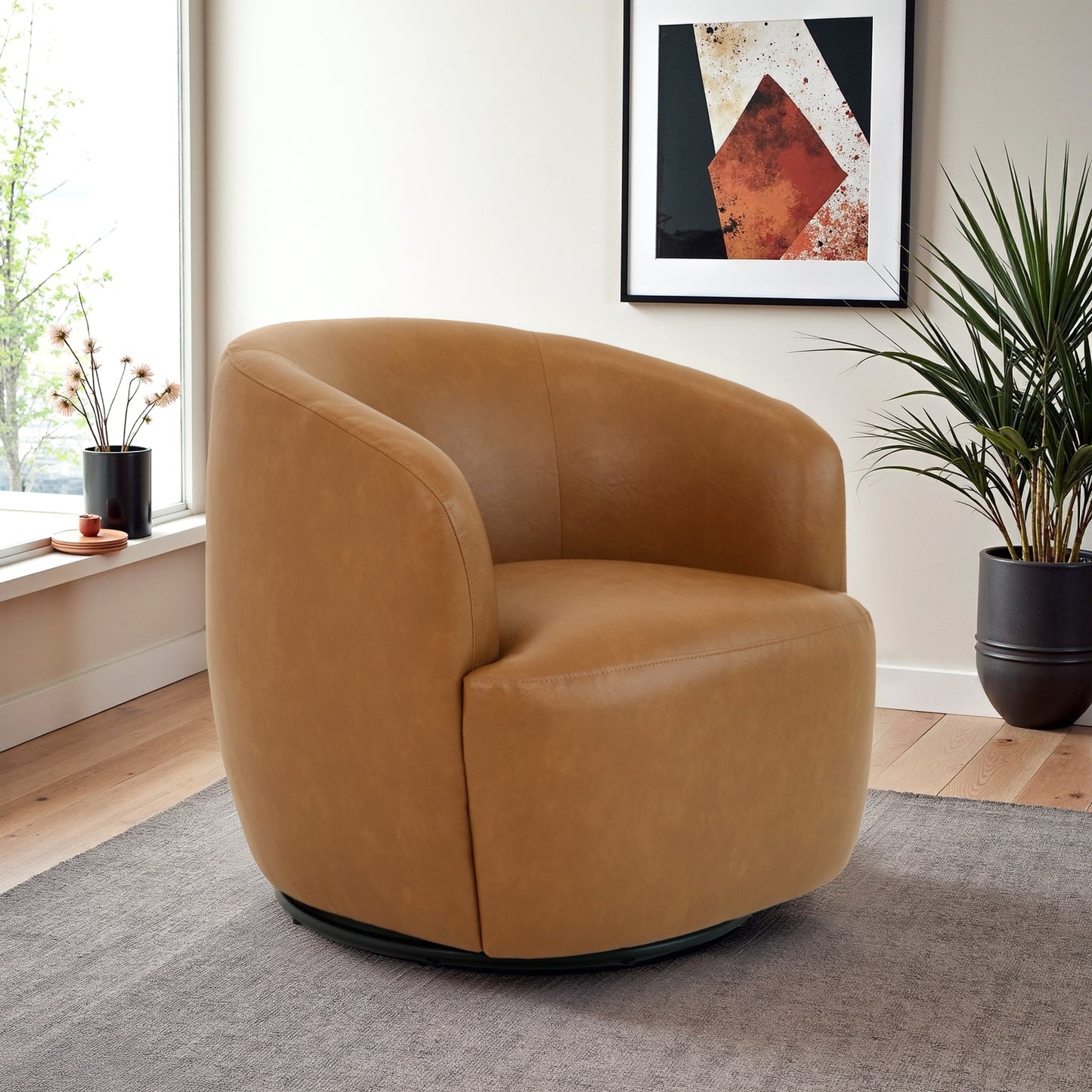 Mina 32   W Tan Vegan Leather Upholstered Swivel Barrel Chair