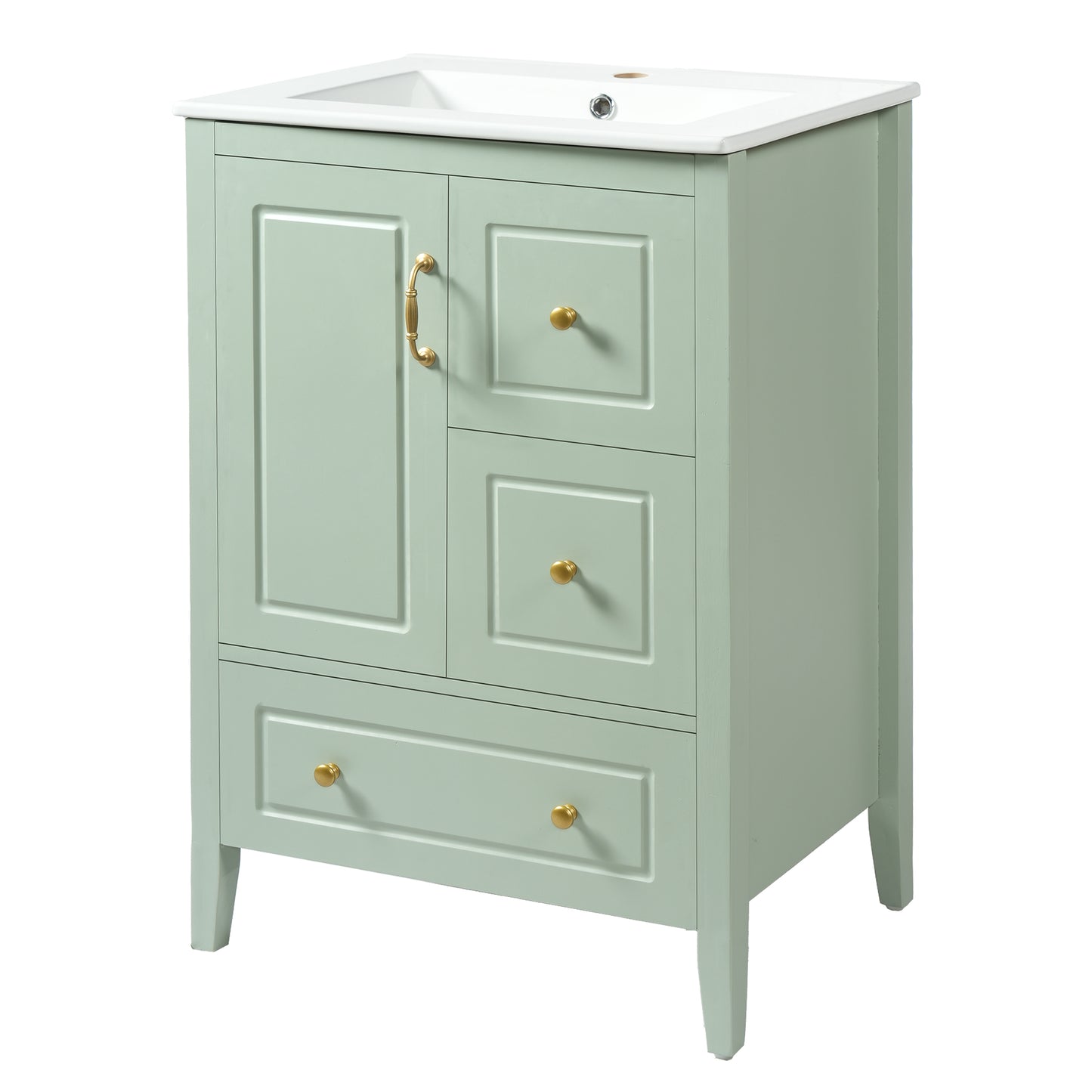 24 Inch Bathroom Vanity With Sink, One Cabinet With Soft-closing Door, 3 Soft-closing Drawers, Retro Metal Handles, Light Green