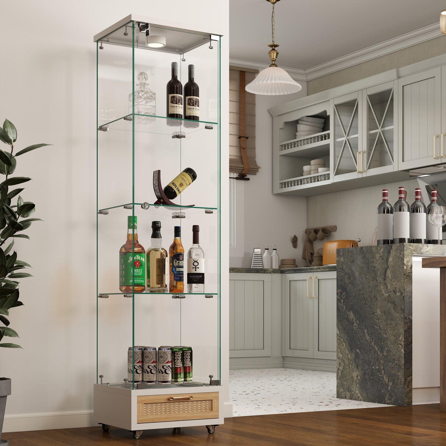 Modern Glass Display Cabinet With Drawer , Quick-assembly Antique Cabinet With LED Lights, Tempered Glass Bookshelf,  1-Door Storage Case With 4 Shelves  For Living Room And Bedroom, White And Natural