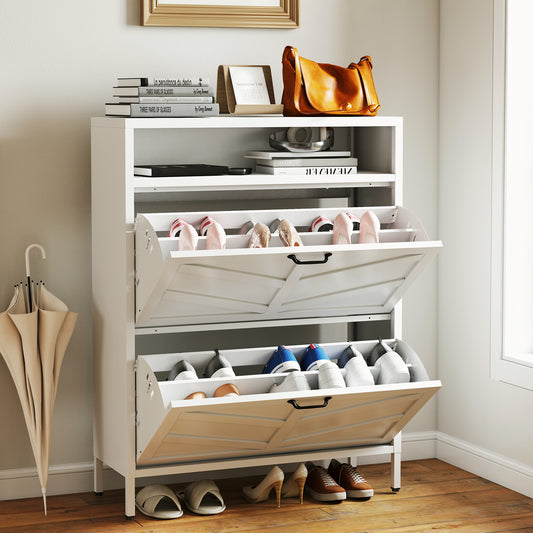 Metal Shoe Cabinet White - 2 Flip Drawers  Open Storage Layer Rack, Slim 11.8 D Freestanding Steel Shoe Organizer, Anti-Tip Hidden Entryway Shoe Rack