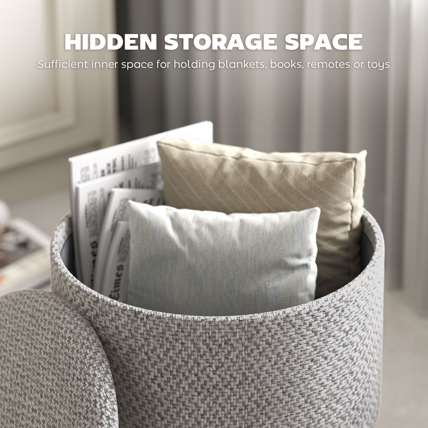 Round Ottoman Stool With Storage, Linen Upholstered Foot Stool With Padded Seat, Hidden Space And Wood Legs, Light Gray
