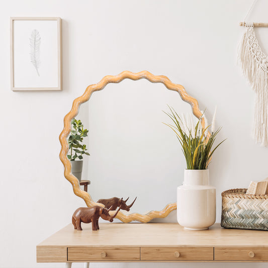 27.5 Inches Round Wavy Wall Mirror For Bathroom Vanity, Wooden Farmhouse Circle Mirrors For Bedroom, Entryway, Living Room, Kithen Whitewash Edge Decorative Mirror For Home, Office