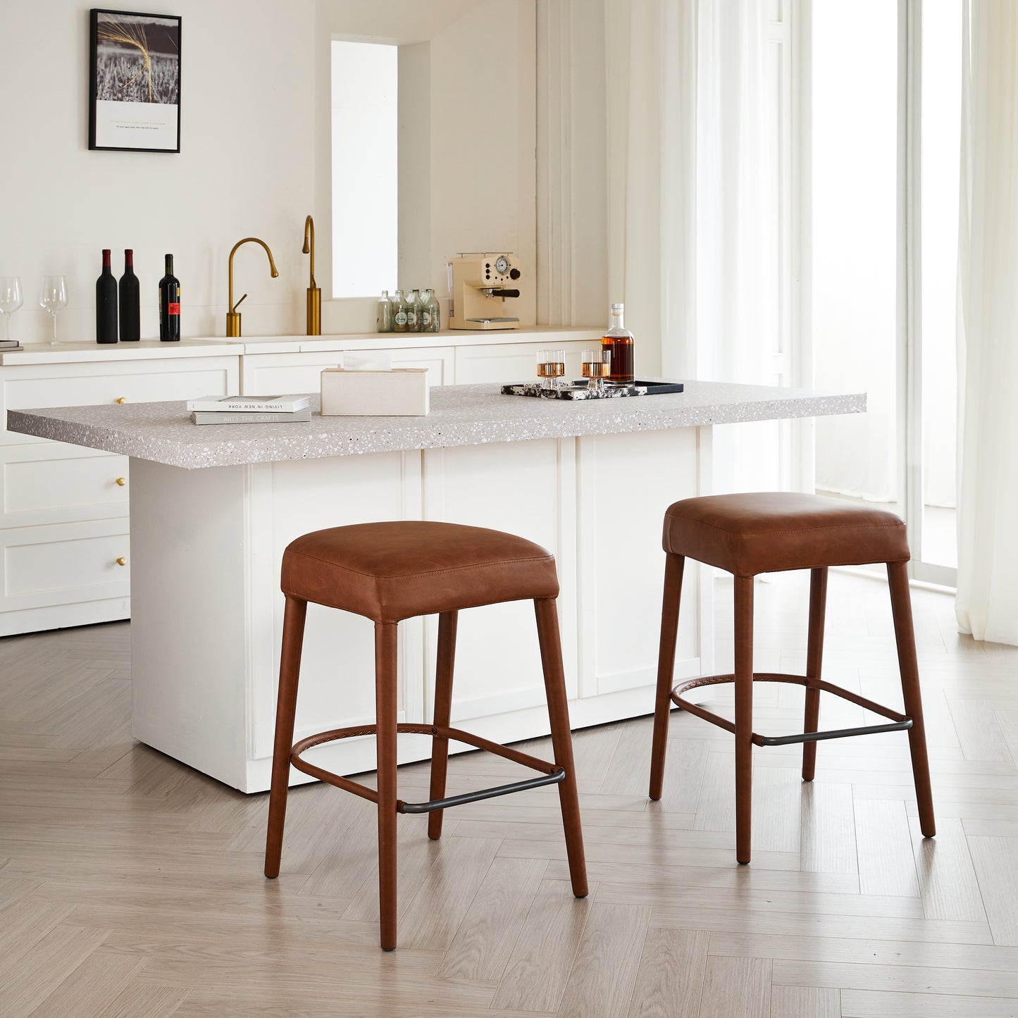 Counter Height Backless Brown Faux Leather Bar Stool  Comfortable Padded Seat With Sturdy Metal Legs & Footrest  Stylish Seating For Kitchen Island  Pub & Dining Counter 2 Sets