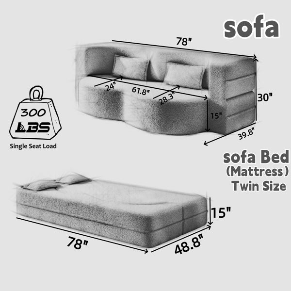Modern Floor Sofa With 2 Pillows,Convertible Teddy Fabric Foam-Filled Sleeper Sofa Bed,15' Twin Size Folding Mattress For Living Room,Guest Bed,Playroom,no Assembly Required,Pink