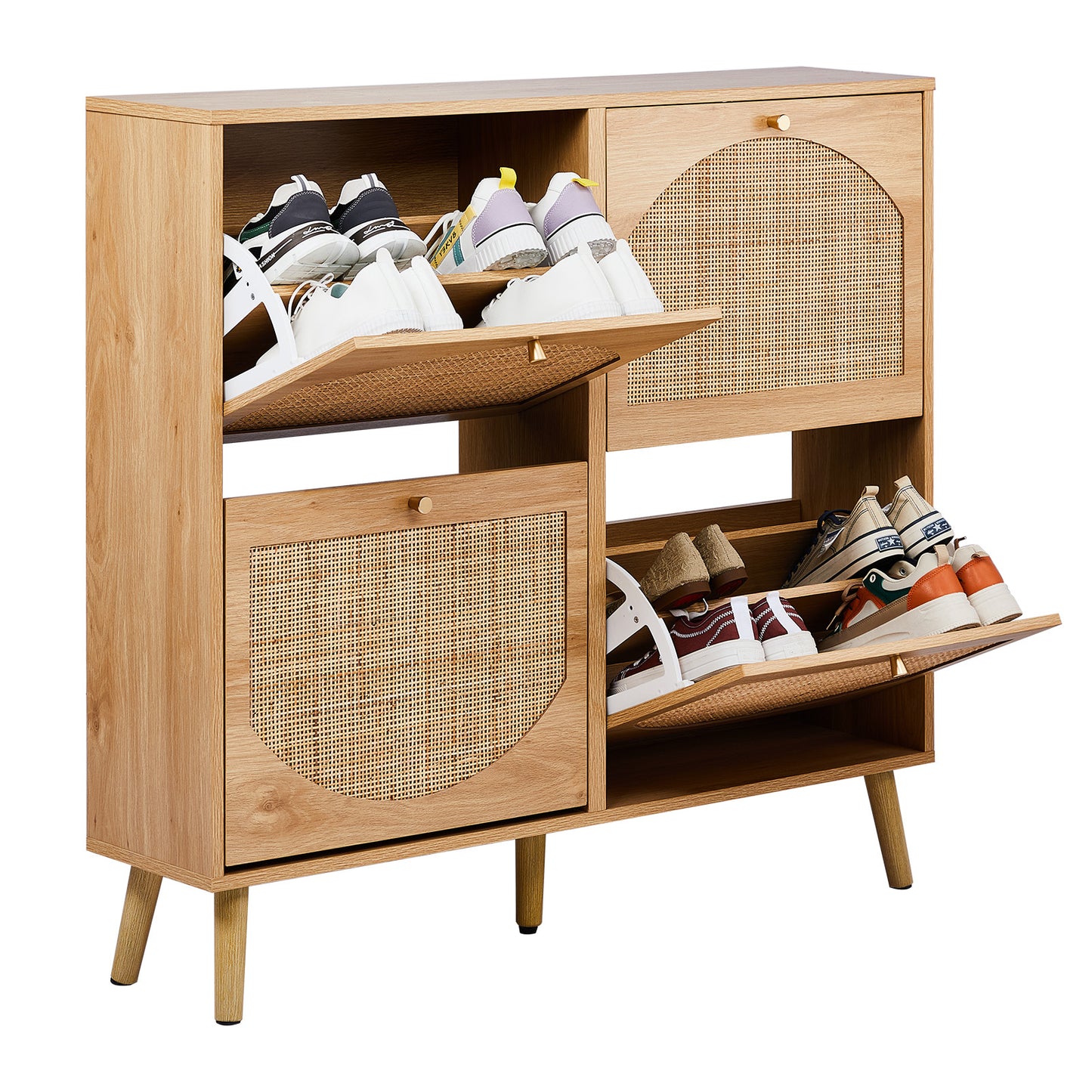 2 Rows Of 4 Dump Buckets With High Feet Arched Rattan Surface Shoe Cabinet Density Board With Triamine 105X24X98cm Original Wood Color