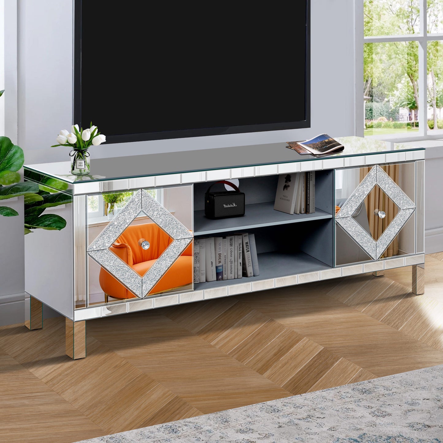Mirrored TV Stand For 65 Inch TV,Sliver TV Console Table With Open Storage & 2 Storage Cabinets ,Diamond Shape Sparkling Mirror Doors For Living Room 59'W X 25.2H X 15.7D