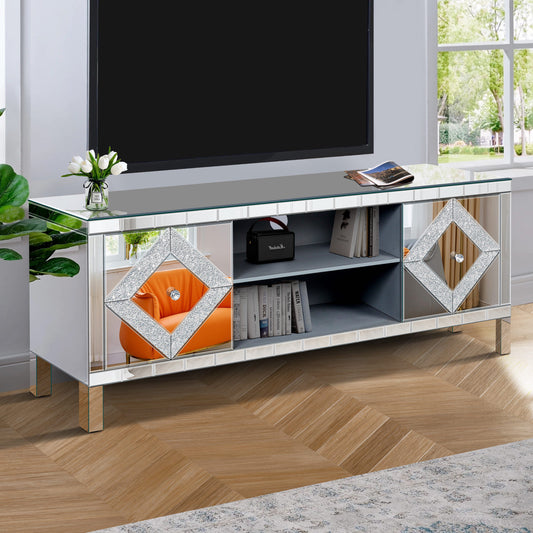 Mirrored TV Stand For 65 Inch TV,Sliver TV Console Table With Open Storage & 2 Storage Cabinets ,Diamond Shape Sparkling Mirror Doors For Living Room 59'W X 25.2H X 15.7D