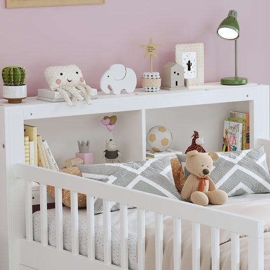 Twin Size Bed With Headboard Storage Rack, Two Under-Bed Drawers, Three-Side Guardrails For Safety And Security,White