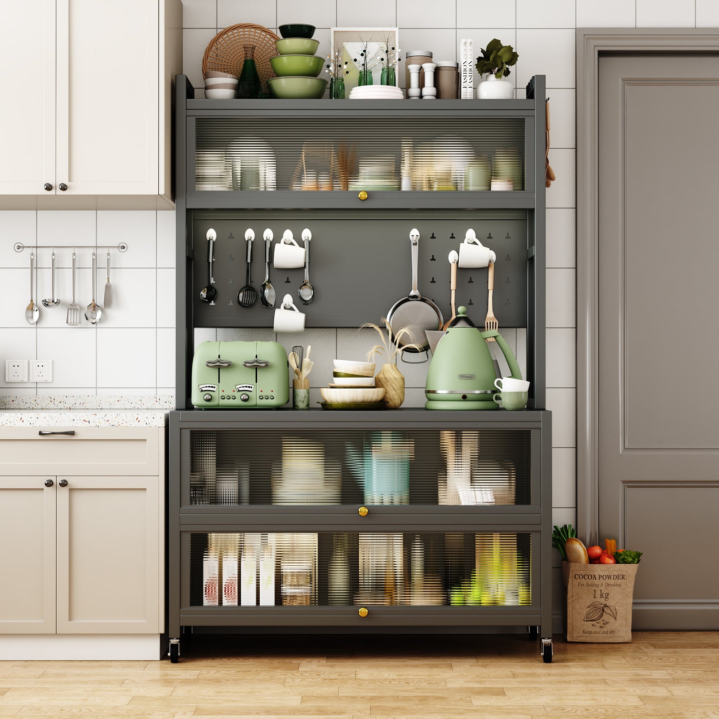 65 Tall Kitchen Bakers Rack With Flip Door Cabinet, 5 Tier Multifunctional Microwave Stand Buffet, Coffee Bar, Quick Assembly, Gray