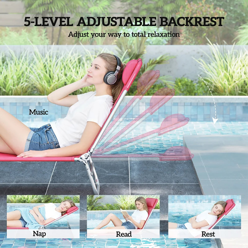 Folding Chaise Lounge Chair, Portable Tanning Chair With Adjustable Backrest, Pillow  For Camping Trips, Relaxing Poolside