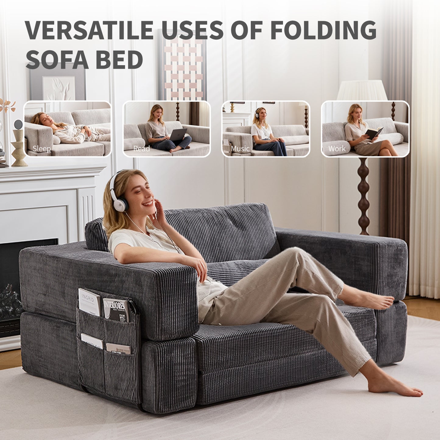 Foldable Castle Sofa Modular PlayCouchfor Living Room & Bedroom Instant Expansion Comfortable &Creative Design Furniture Seater With One Side Seat,Dark-Grey.