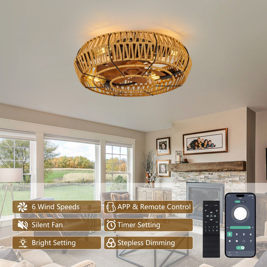 19in Caged Ceiling Fans With Lights And Remote, Boho Flush Mount Ceiling Fan With Light, Low Profile Chandelier 6 Speed Bladeless Reversible Ceiling Fan W 4 Bulbs. For Living Room Bedroom.