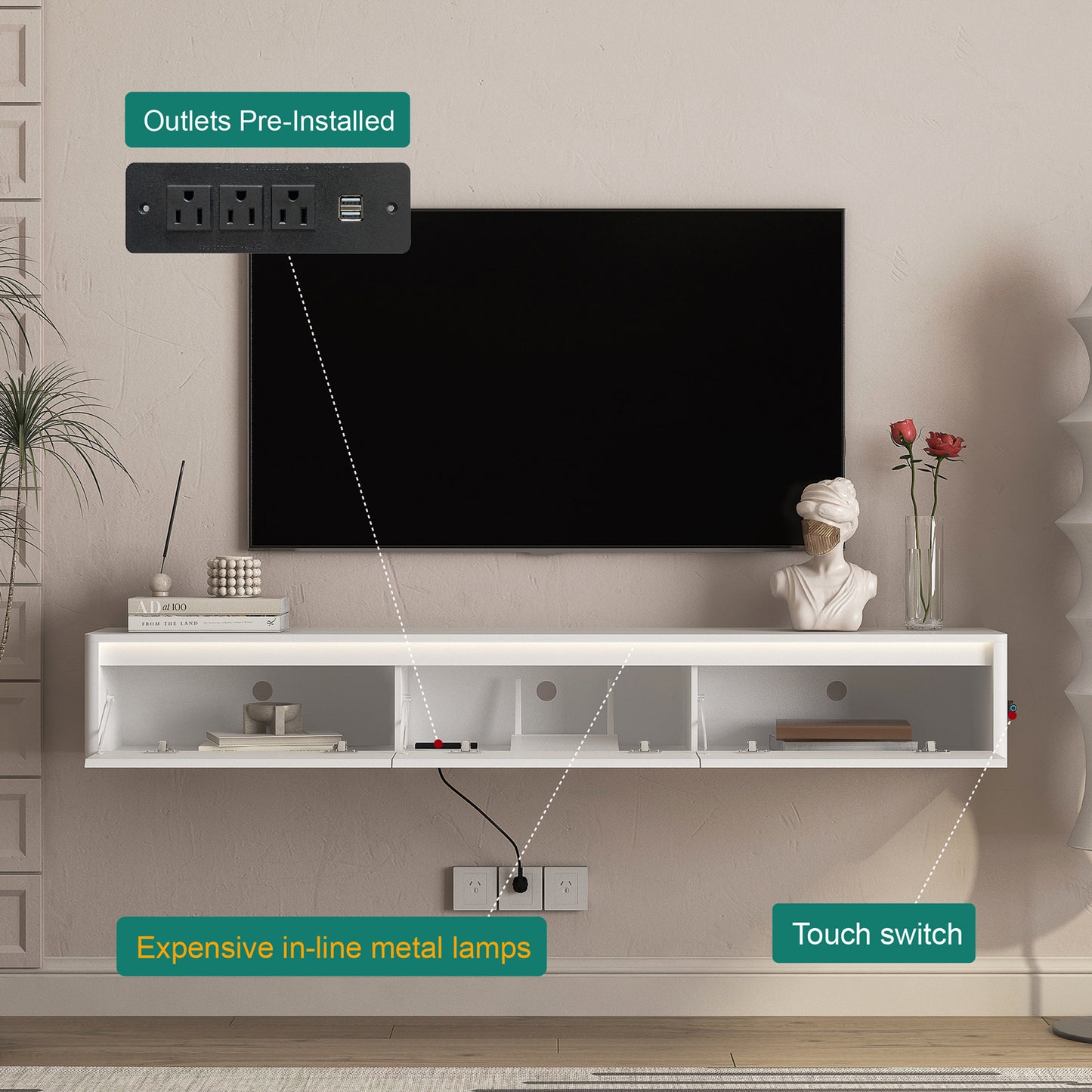 Floating TV Stand, Wall Mounted TV Shelf With Led Lights & Power Outlet,Cabinet For White Tv Stands For Living Room