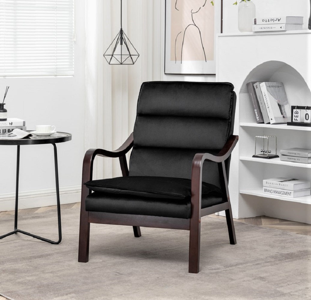 Mid-Century Modern Black Accent Chair With Wood Armrest, Upholstered Reading Chair For Living Room Bedroom