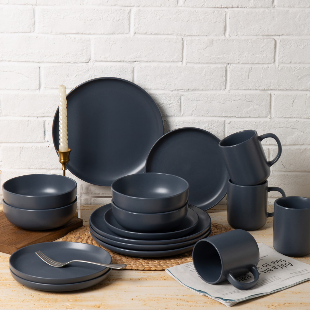 12-Piece Stoneware Dinner Plates Bowls Sets  Microwave & Dishwasher Safe   Non-Toxic Dinner Plates Bowls Set  Stackable Matte Glaze Kitchenware For 4