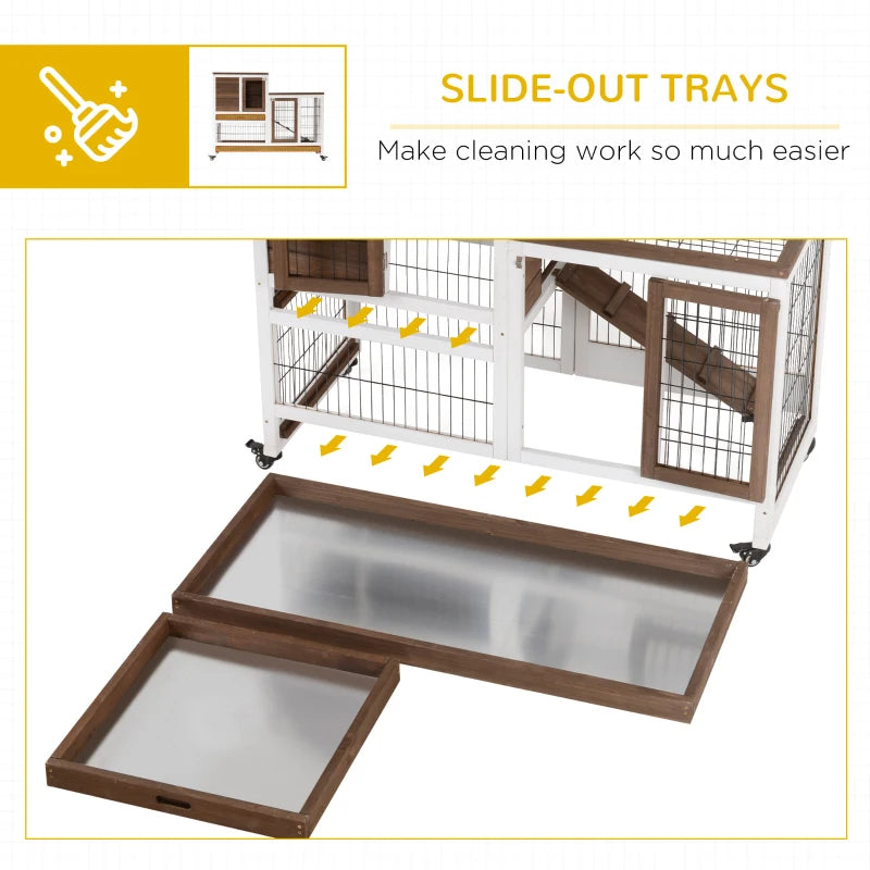 PawHut Wooden Rabbit Hutch Elevated Bunny Cage Indoor Small Animal Habitat With Enclosed Run With Wheels, Ramp, Removable Tray For Rabbits, Chickens, Ducks, Guinea Pigs, Brown