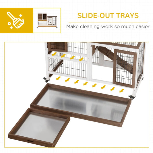 PawHut Wooden Rabbit Hutch Elevated Bunny Cage Indoor Small Animal Habitat With Enclosed Run With Wheels, Ramp, Removable Tray For Rabbits, Chickens, Ducks, Guinea Pigs, Brown