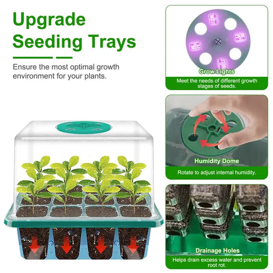 1Set(Overall 5Pcs Trays)/2Set (Overall 10 Trays) Options Seed Starter Tray With Grow Light Humidity Dome Germination Kit With 5-Level Brightness 4 Timers For Indoor Greenhouse