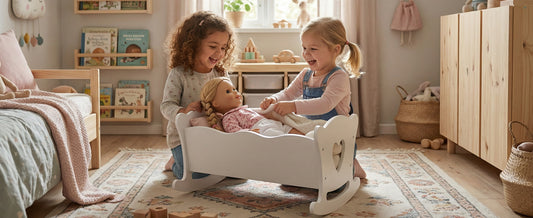 Wooden Play Doll Cradle Rocking Baby Doll Crib With Pink Bedding Set For Dolls Up To 20 Inches