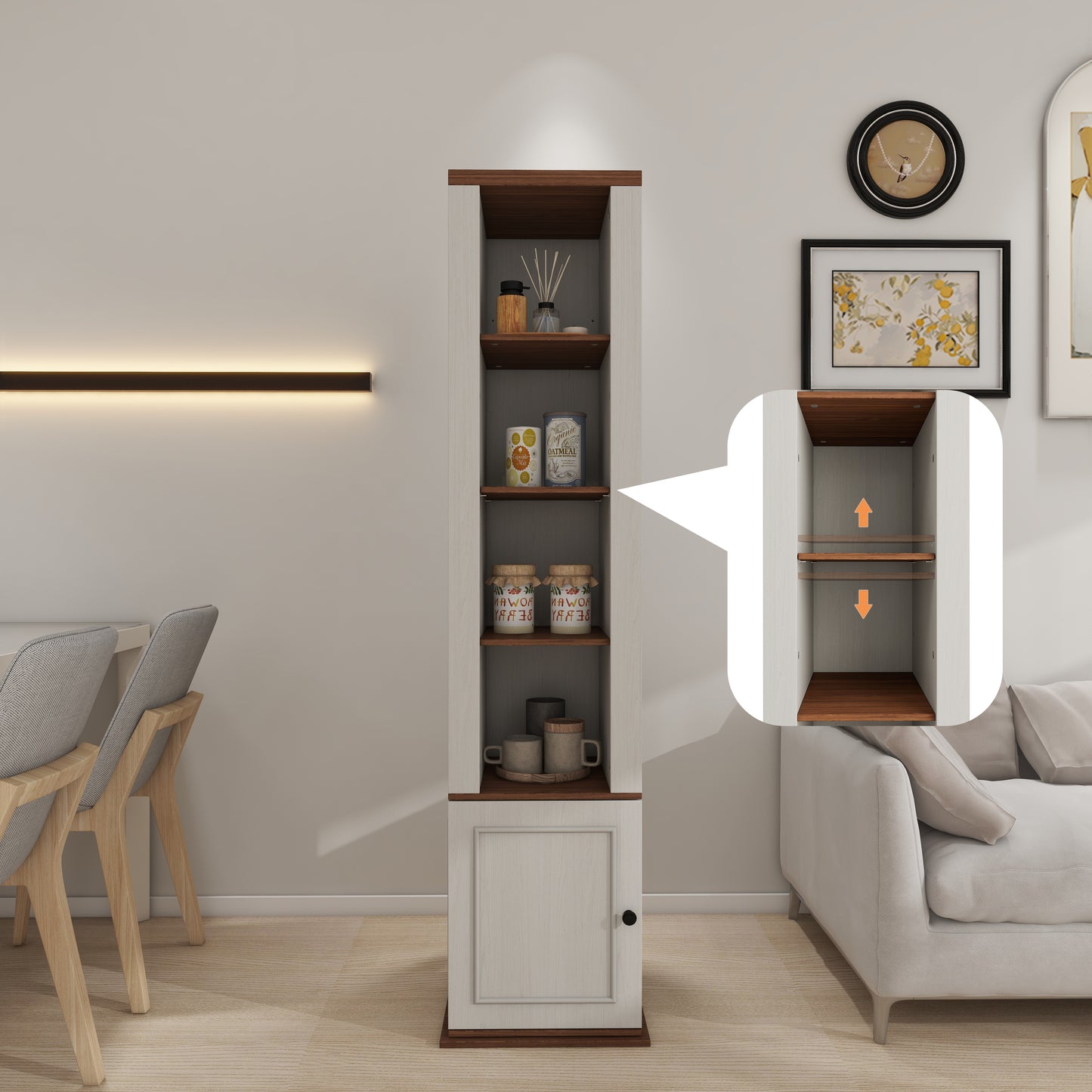 360 Rotating Storage Cabinet With Full-Length Mirror, Total Of 8 Open Shelves On Both Sides, One Side Hooks, 1 Door With A Shelve, For Living Room, Entryway, Bathroom-Antique White