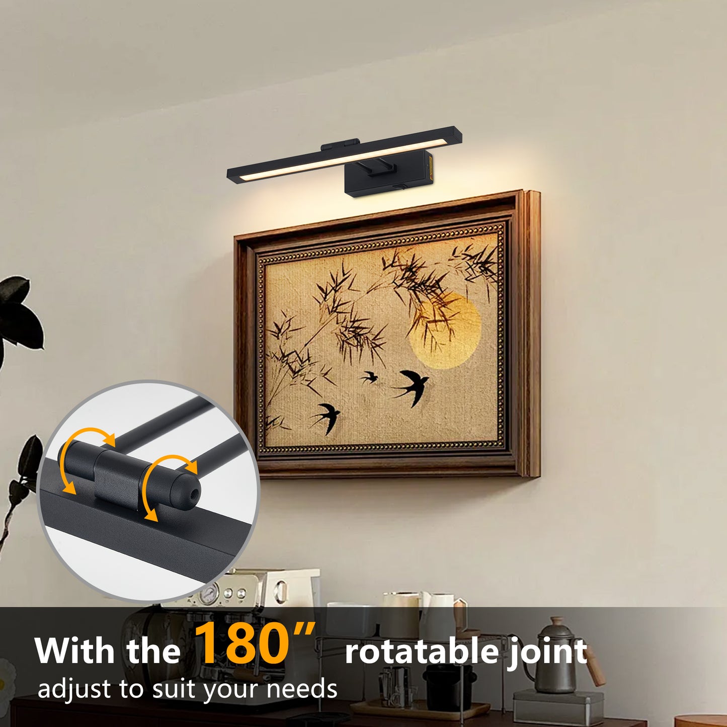 Picture Light Battery Operated With Remote, LED Black Art Lights For Paintings Rechargeable Dimmable And Timer, 16in Wall Sconce For Art Painting Gallery Adjustable Swing Arm For Display