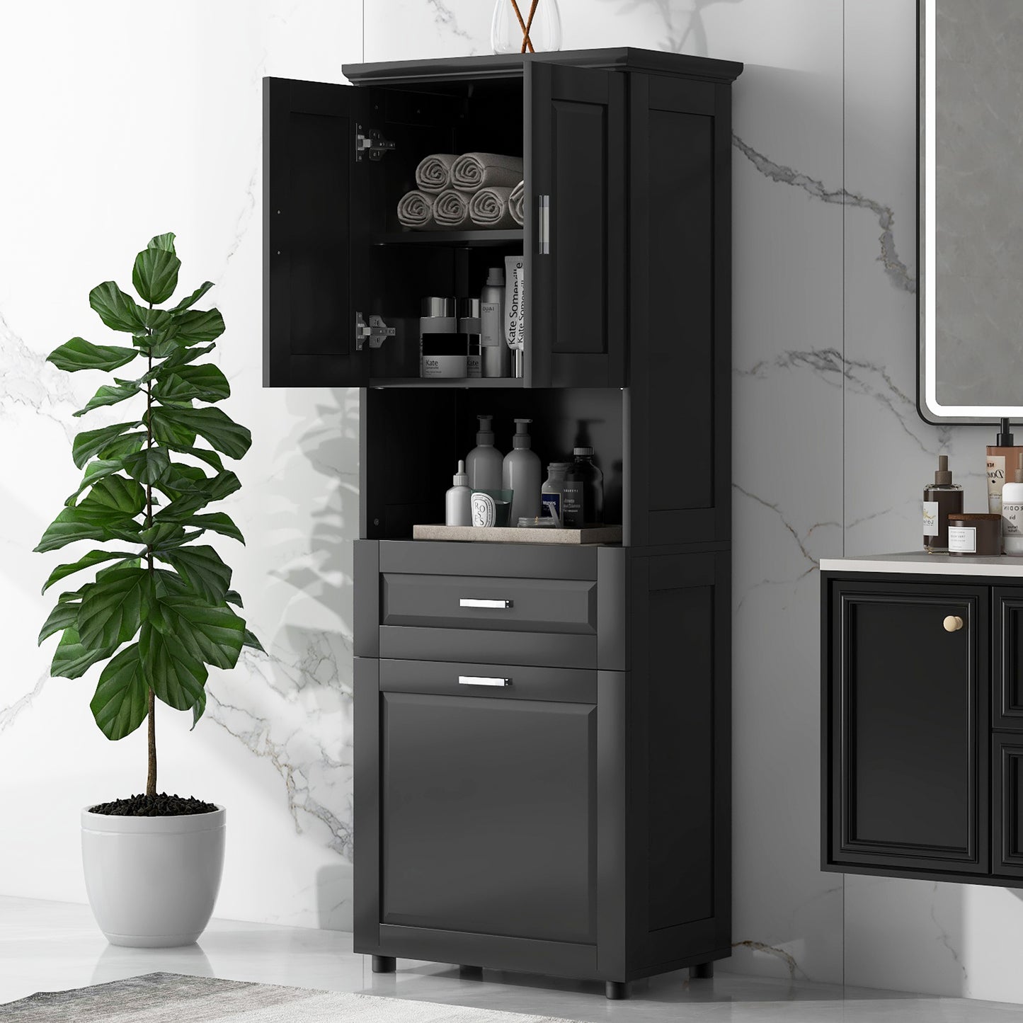 Tall Bathroom Cabinet With Laundry Basket, Large Storage Space Tilt-Out Laundry Hamper And Upper Storage Cabinet, Black